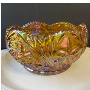 LE SMITH Rose Bowl Hobstar and Daisy Iridescent Amber Carnival Glass